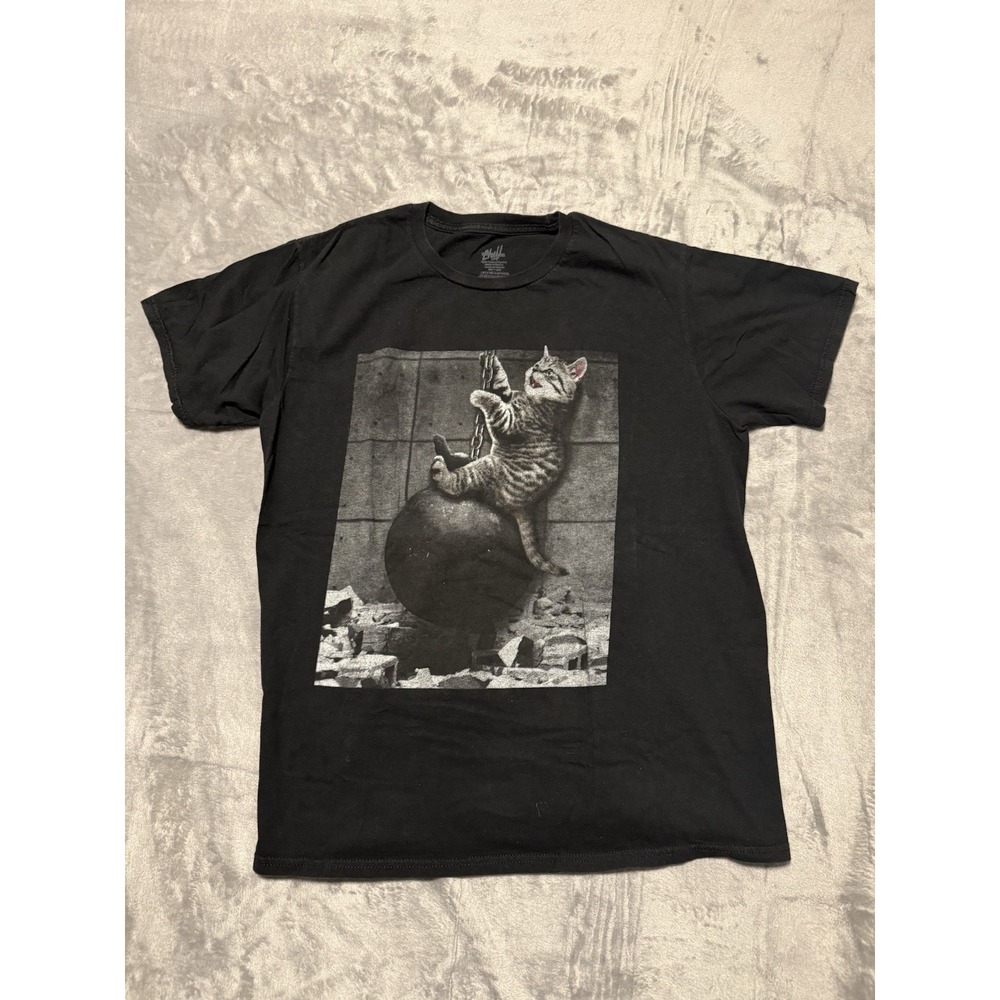 Chill T-Shirt Men Large Black Cat Wrecking Ball Graphic Tee Short Sleeve